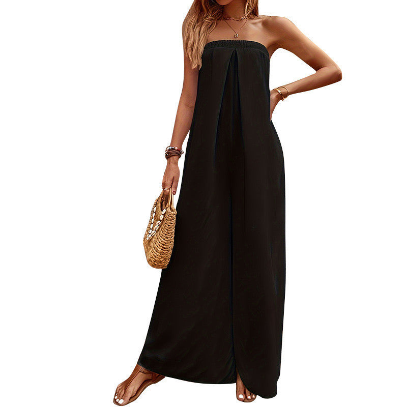 Althaia | Frauen Casual Solid Schwarz Wrap Brust trägerlos Jumpsuit