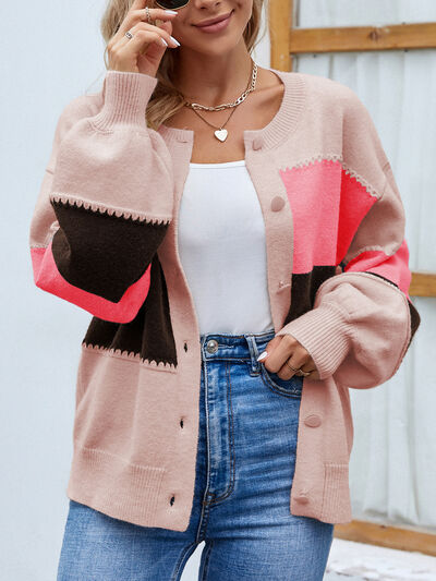 Roxana - Eleganter Strickcardigan mit Puffärmeln und Farbblockdesign