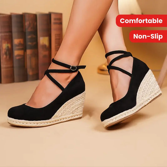 Avery | Elegante schwarze Damen-Keilabsätze mit Espadrille-Sohle