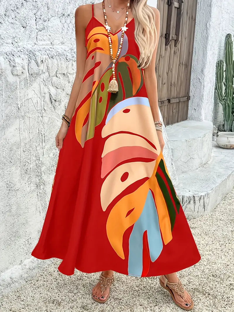 Ava | Damen V-Ausschnitt Tropical Leaf Print Midi Sommerkleid