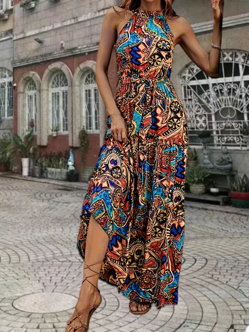 Isabelle | Ethnic Floral Print Boho ärmelloses Kleid mit Gürtel