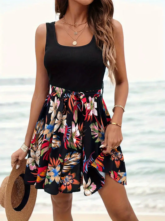 Ruby - Strandkleid mit quadratischem Ausschnitt und tropischem Blumendruck