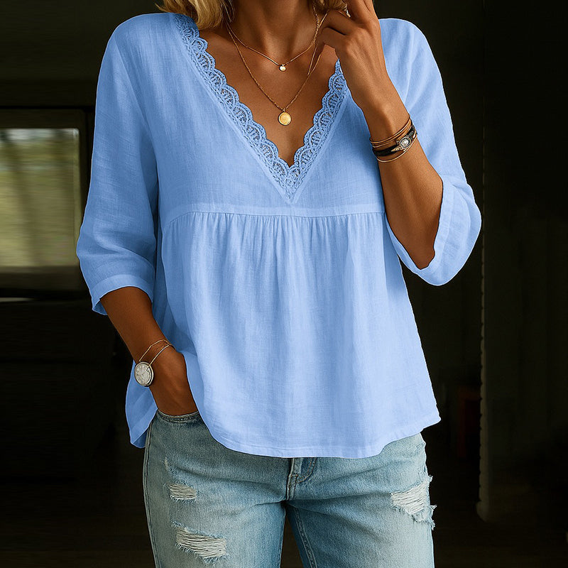 Angel - Elegante Spitzenbluse mit V-Ausschnitt und 3/4-Ärmeln
