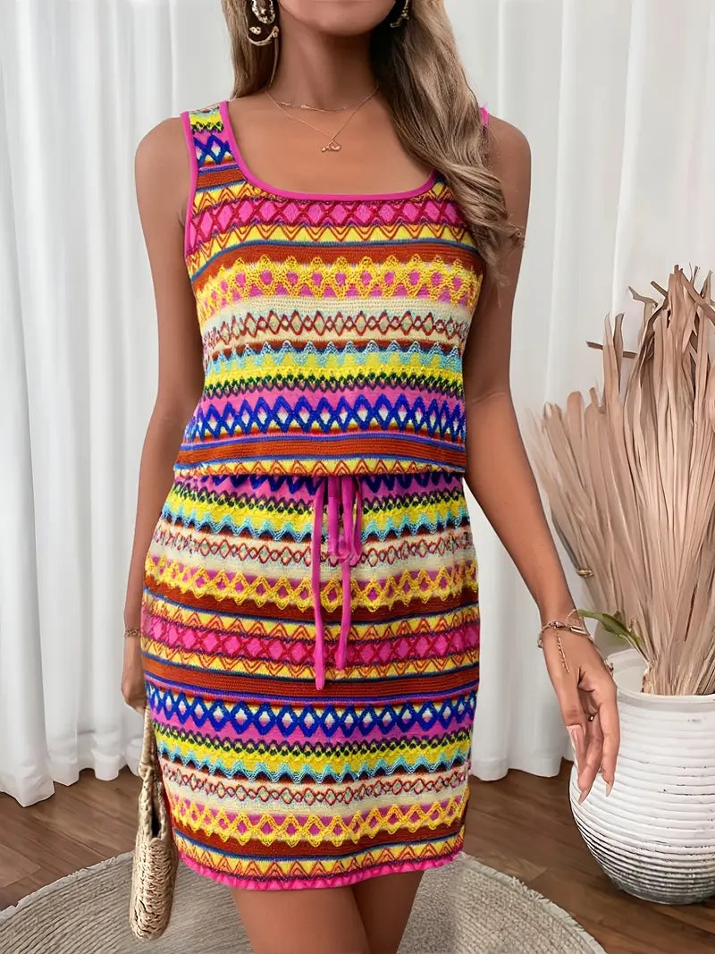 Caroline | Damenkleid mit quadratischem Halsausschnitt und U-förmigem Taillenkordelzug