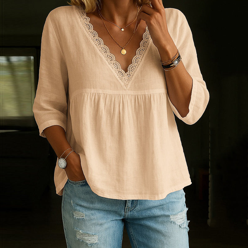 Angel - Elegante Spitzenbluse mit V-Ausschnitt und 3/4-Ärmeln