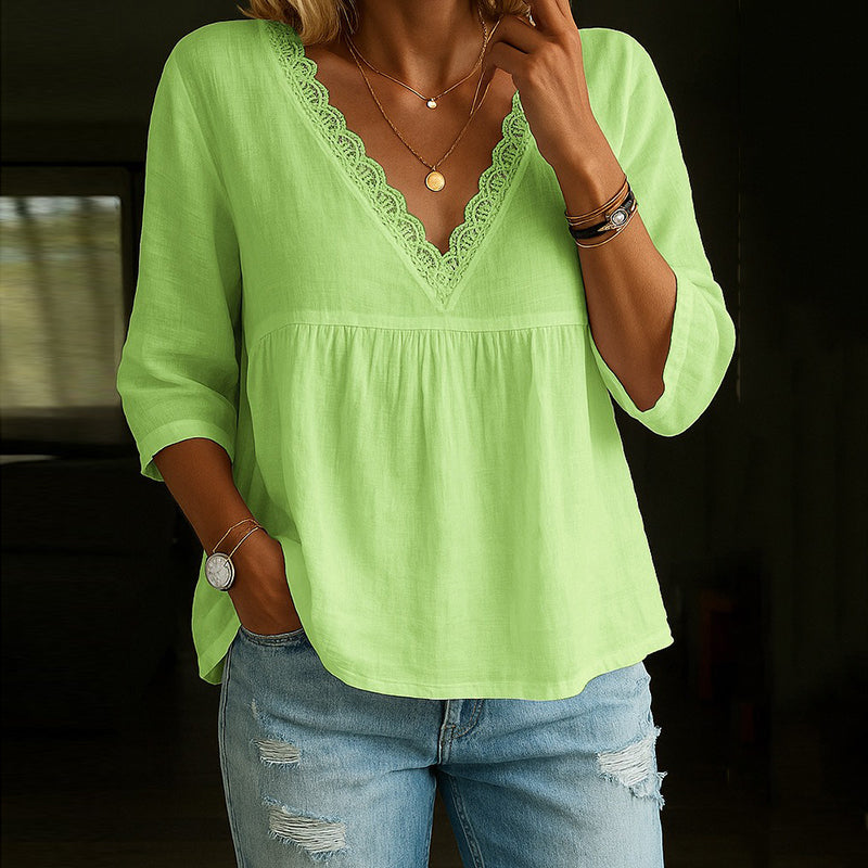 Angel - Elegante Spitzenbluse mit V-Ausschnitt und 3/4-Ärmeln