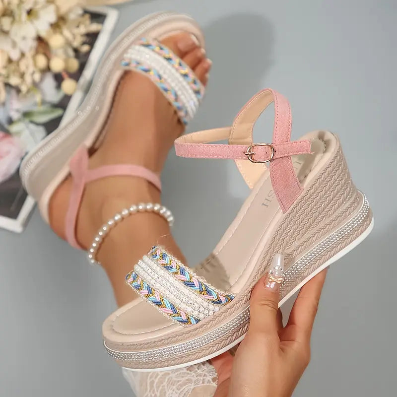 Melanie - Elegante Plateausandalen für Frauen mit perlenbesetztem Knöchelriemen