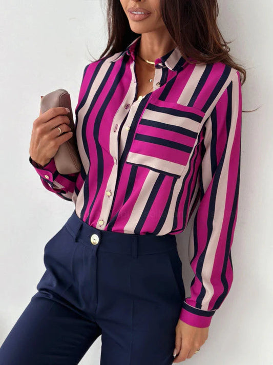 Zainab - Elegante gestreifte Polo-Bluse mit Knöpfen und langen Ärmeln