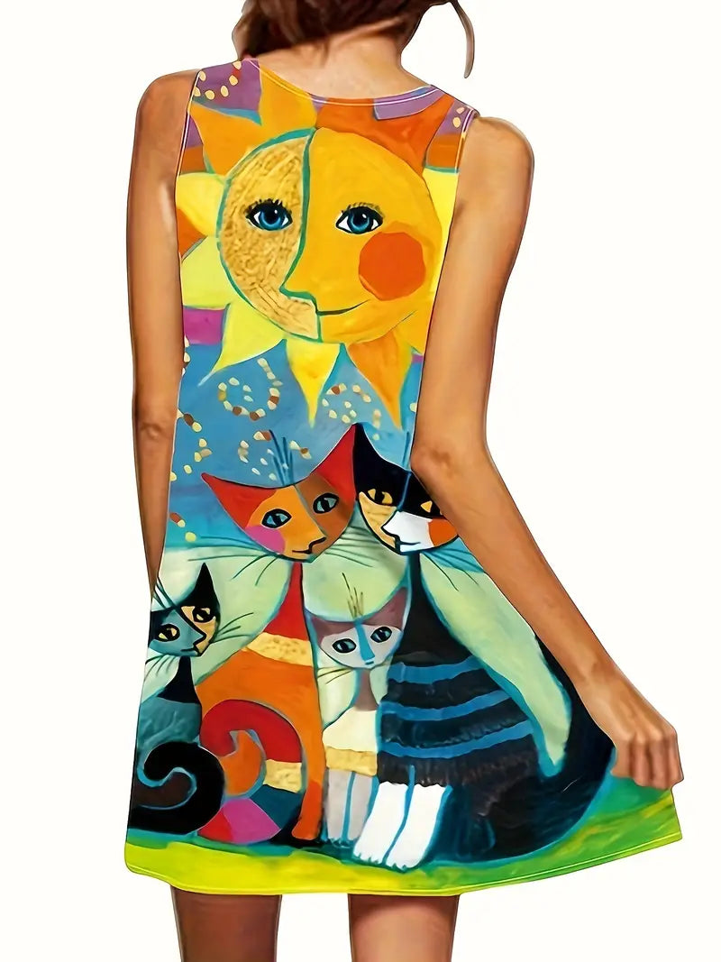Victoria | Bunte Katze Kunst V-Ausschnitt ärmelloses Midikleid für Frauen