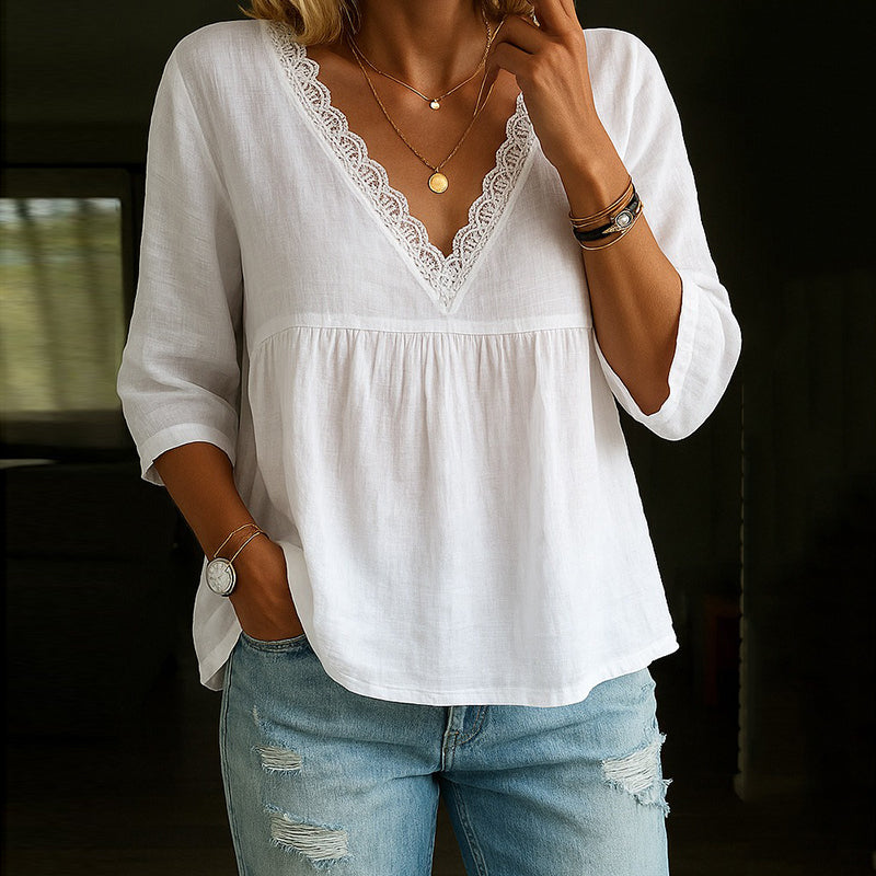 Angel - Elegante Spitzenbluse mit V-Ausschnitt und 3/4-Ärmeln