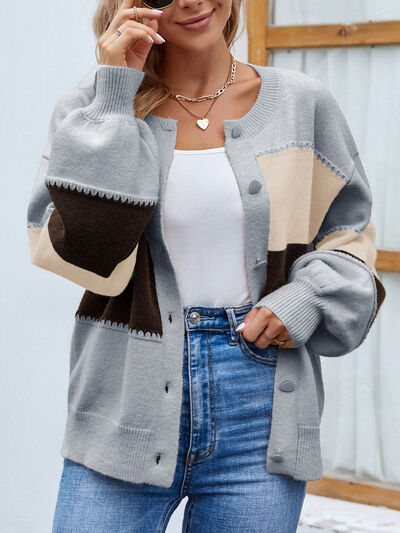 Roxana - Eleganter Strickcardigan mit Puffärmeln und Farbblockdesign