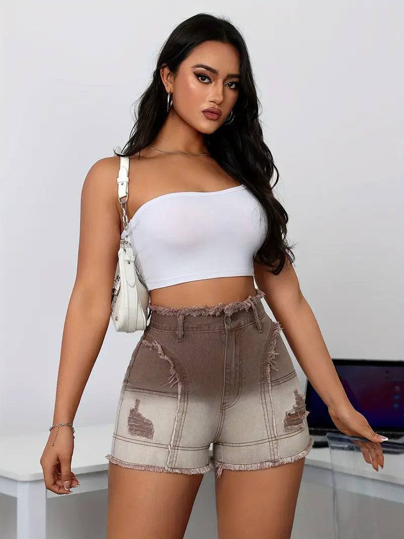 Romina | Ombre Gewaschene High-Rise Distressed Denim Shorts mit Rohkante