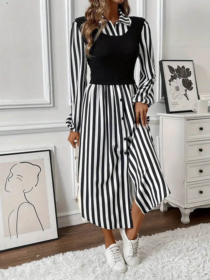 Madeline | Gestreiftes Color-Block-Kleid mit Woven A-Linien Rock