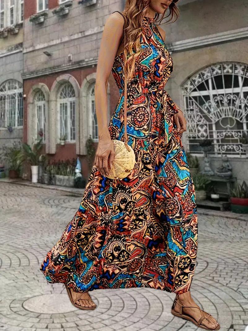 Isabelle | Ethnic Floral Print Boho ärmelloses Kleid mit Gürtel