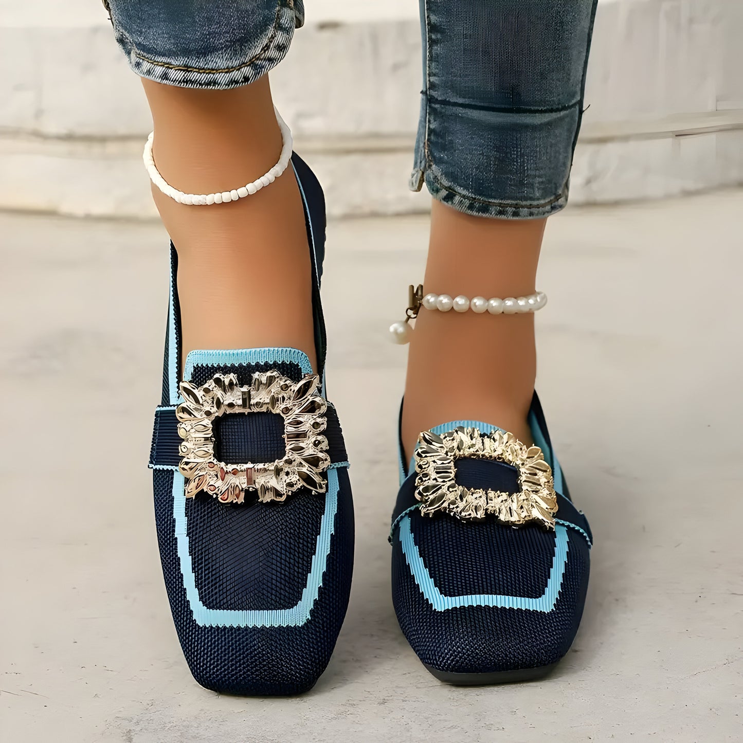 Dahlia | Women'S Casual Quadratische Zehen Flats mit Strass Schnalle