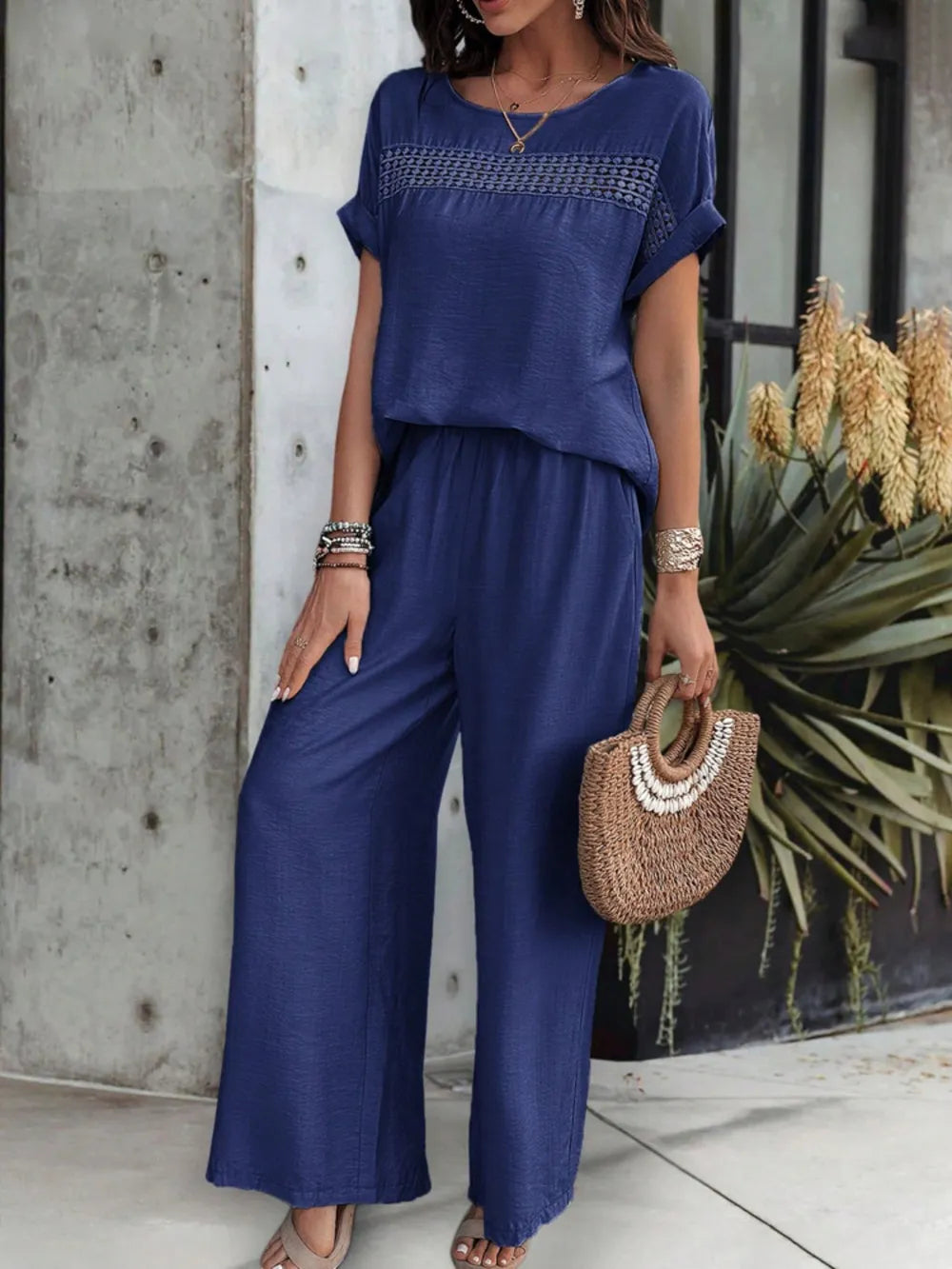 Kendall - Elegantes 2-teiliges Set mit Kurzarmbluse und Hose mit Rundhalsausschnitt