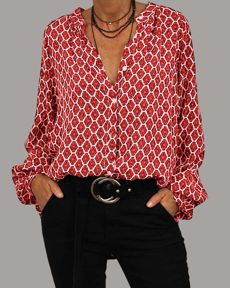 Celia - Langärmelige Bluse mit V-Ausschnitt und geometrischem Druck