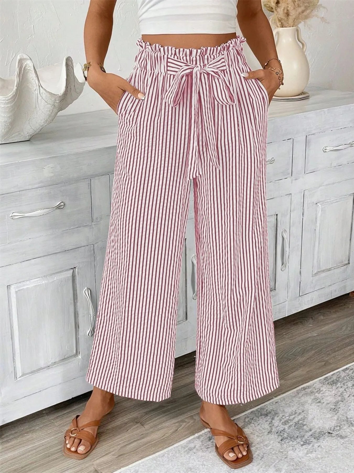 Candy - Elegante Hose mit weitem Bein, hoher Taille und Streifenmuster