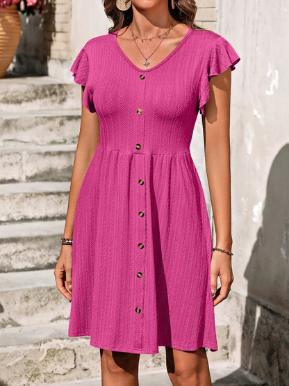 Marina - Elegantes Langarmkleid mit Rüschenärmeln und Knopfleiste