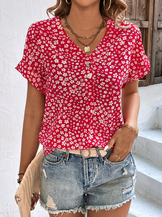 Abigale - Lässige Bluse mit Blumenmuster, V-Ausschnitt und kurzen Ärmeln