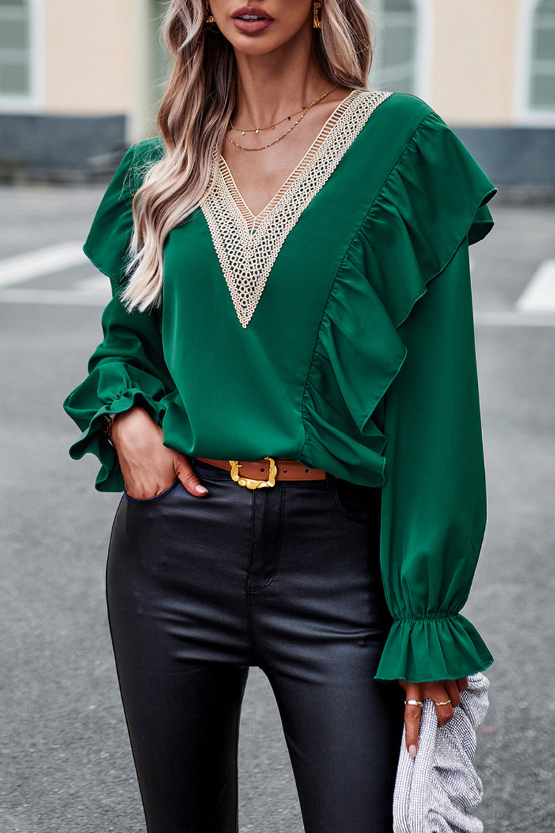 Jen - Elegante Loose-Fit-Bluse mit V-Ausschnitt und Rüschenärmeln