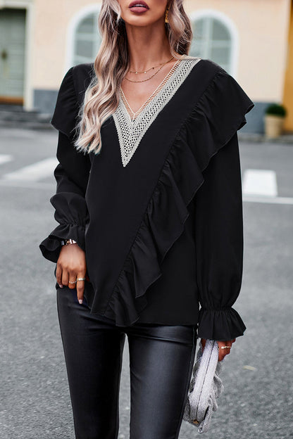 Jen - Elegante Loose-Fit-Bluse mit V-Ausschnitt und Rüschenärmeln