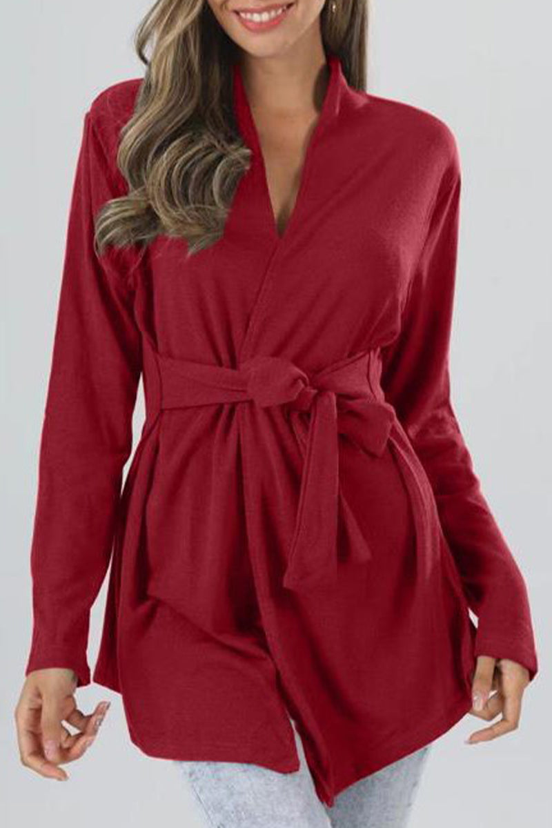 Lindzay - Lässige Strickjacke mit V-Ausschnitt, Langarm und Taillenbindung