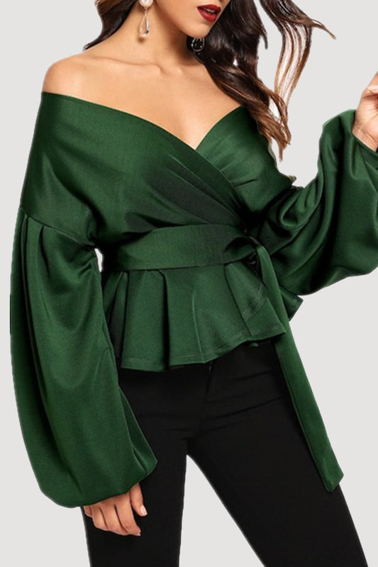 Camellia - Elegante Off-Shoulder-Bluse mit V-Ausschnitt, Langarm und Taillenband