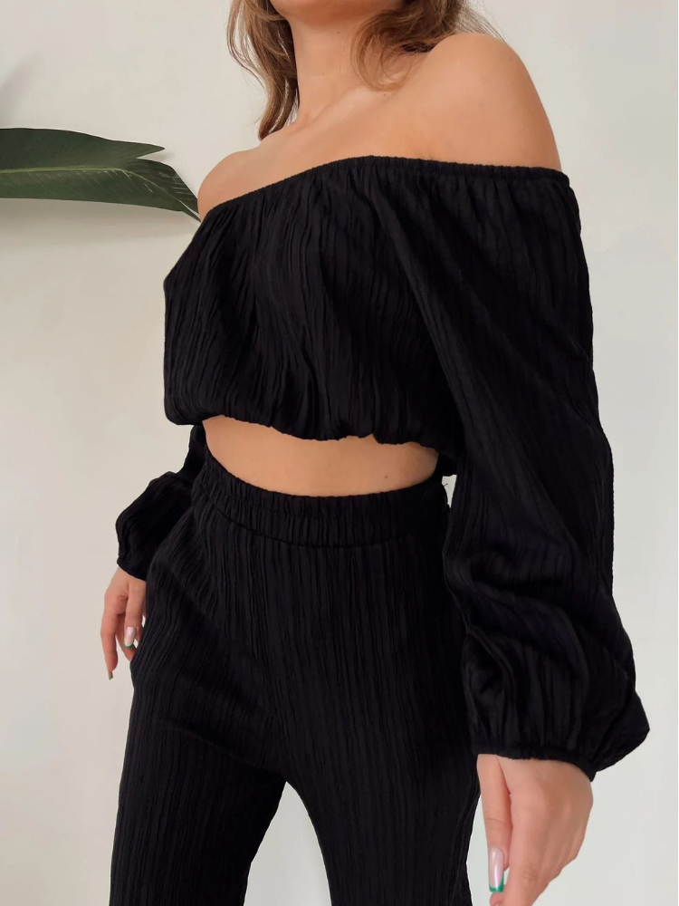 Elsa - Elegantes Off-Shoulder-Crop-Top mit High-Waist-Hose in weiter Beinform