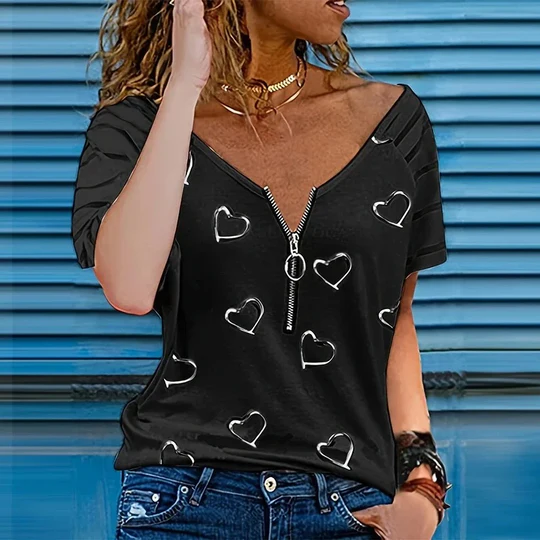 Adeline - Lässiges Reissverschlussshirt Mit Kurzen Ärmeln
