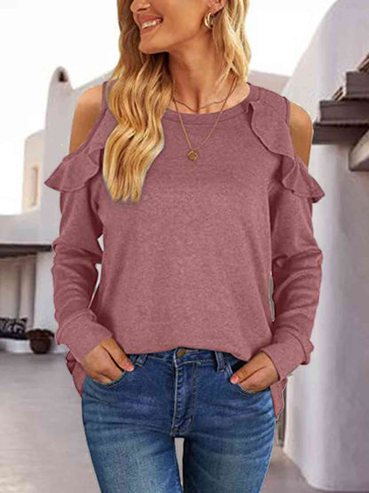 Scarlett - Lässige Bluse mit Rundhalsausschnitt, Volants und freien Schultern