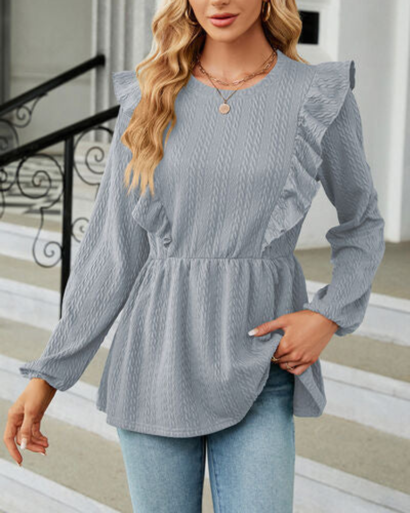 Leilani - Elegante Bluse mit Rundhalsausschnitt, langen Ärmeln und Rüschen