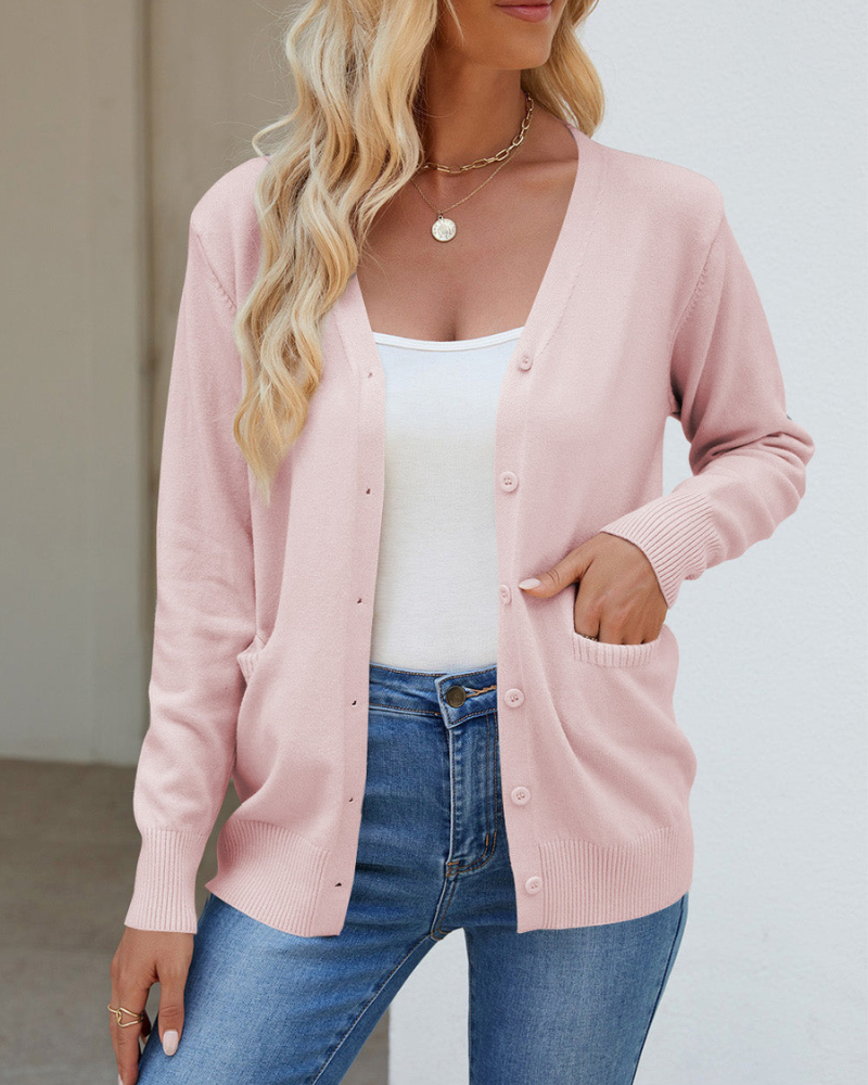 Bessie - Strickjacke mit V-Ausschnitt, Knöpfen, langen Ärmeln und Taschen