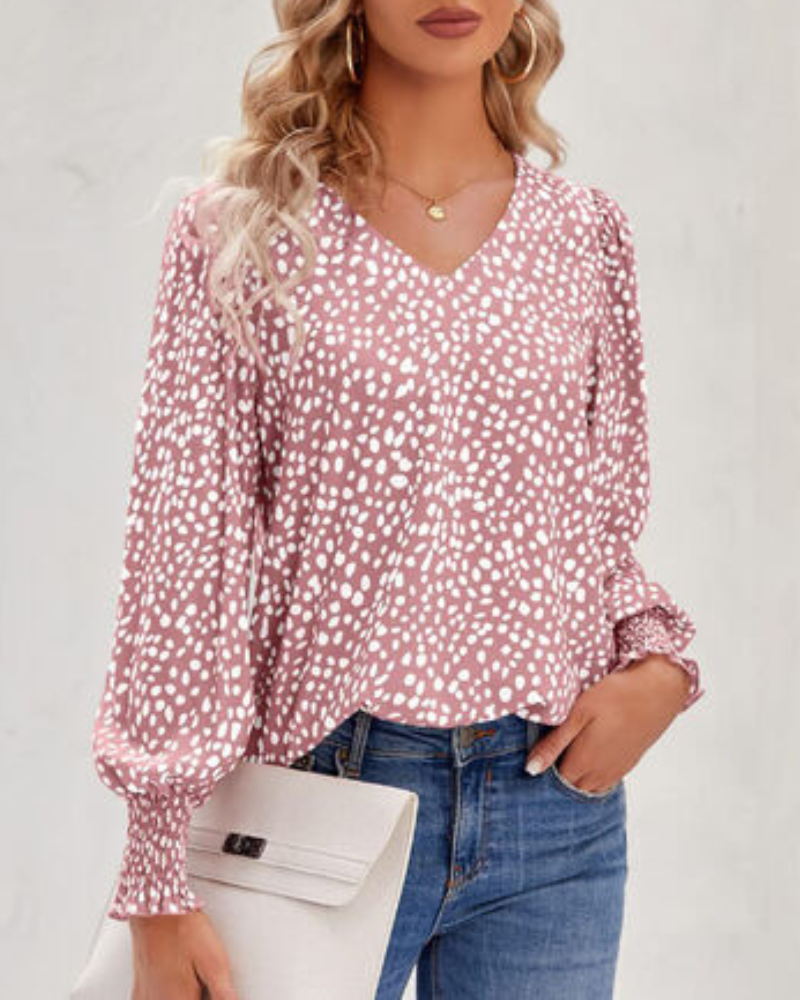 Maureen - Elegante gemusterte Bluse mit V-Ausschnitt und Puffärmeln