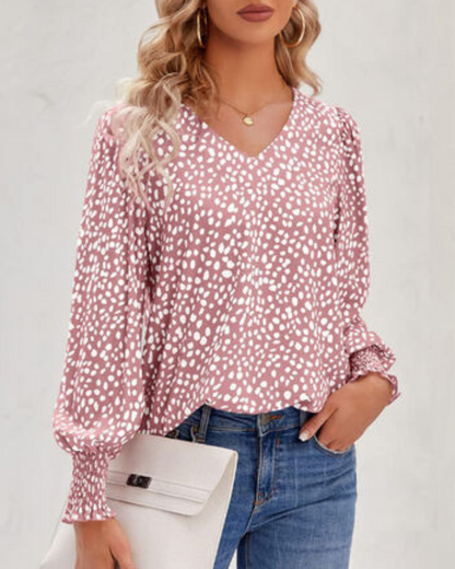 Maureen - Elegante gemusterte Bluse mit V-Ausschnitt und Puffärmeln