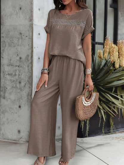 Kendall - Elegantes 2-teiliges Set mit Kurzarmbluse und Hose mit Rundhalsausschnitt