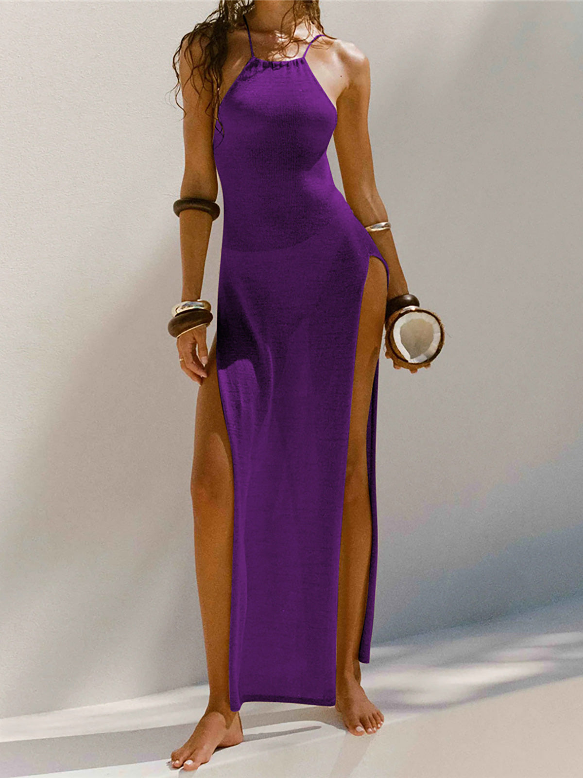Callie | Hochgeschlitztes gehäkeltes gestricktes langes Maxikleid für Partys