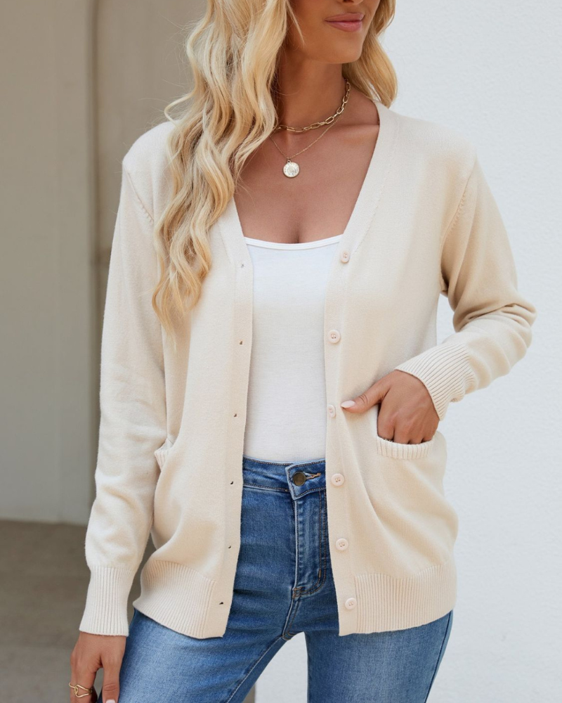 Bessie - Strickjacke mit V-Ausschnitt, Knöpfen, langen Ärmeln und Taschen