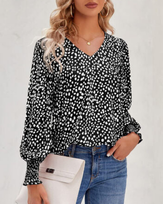 Maureen - Elegante gemusterte Bluse mit V-Ausschnitt und Puffärmeln