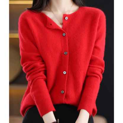 Damen Strickjacke mit O-Ausschnitt aus reiner Merinowoll