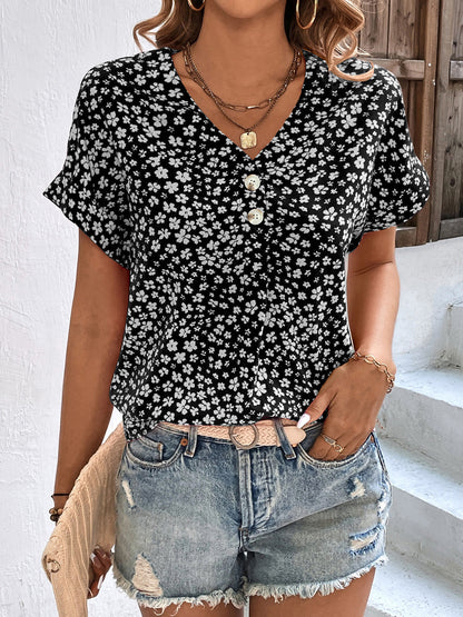 Abigale - Lässige Bluse mit Blumenmuster, V-Ausschnitt und kurzen Ärmeln