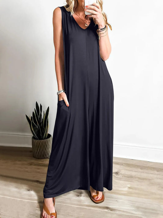 Lily - Lässiger ärmelloser Jumpsuit mit V-Ausschnitt und Taschen
