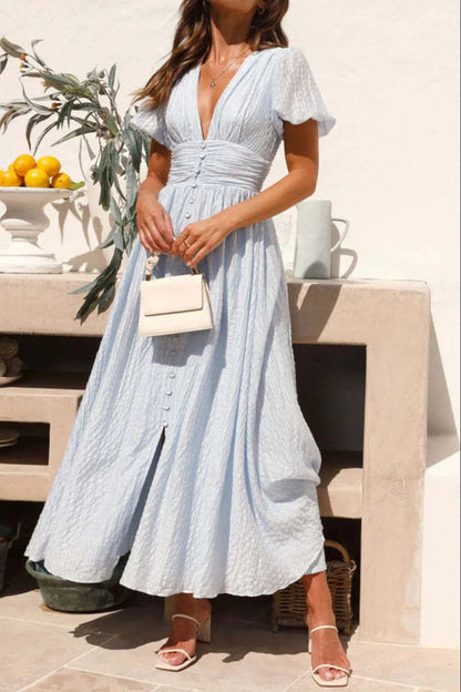 Clarissa - Elegantes Kleid mit Puffärmeln und tiefem V-Ausschnitt