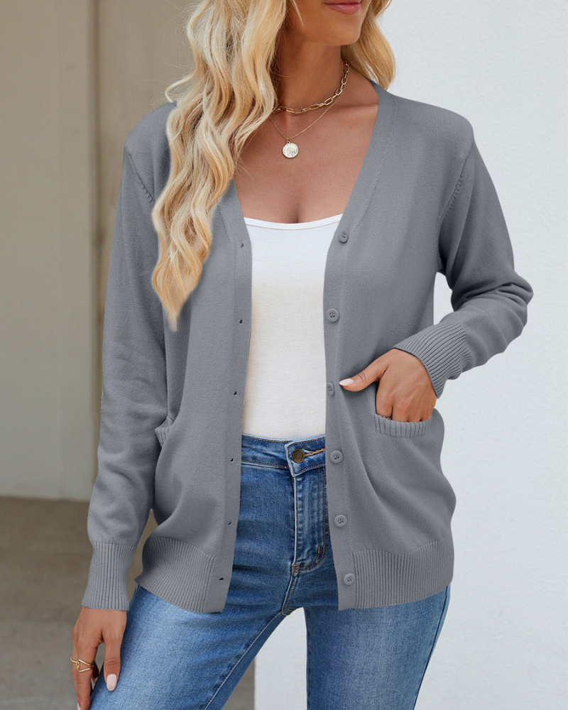 Bessie - Strickjacke mit V-Ausschnitt, Knöpfen, langen Ärmeln und Taschen