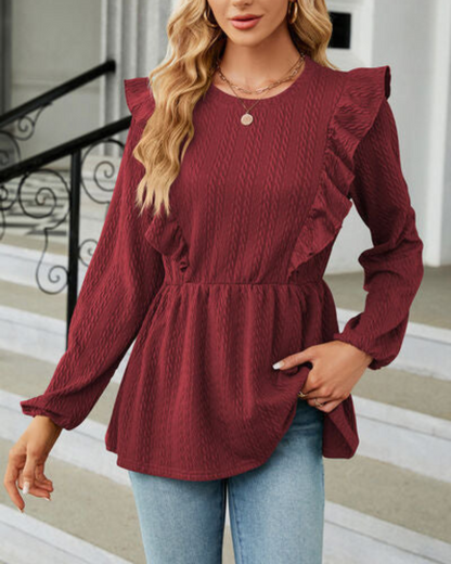 Leilani - Elegante Bluse mit Rundhalsausschnitt, langen Ärmeln und Rüschen