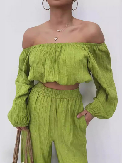 Elsa - Elegantes Off-Shoulder-Crop-Top mit High-Waist-Hose in weiter Beinform