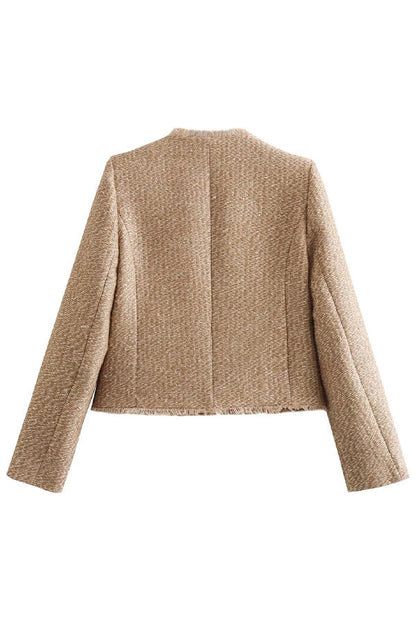 Ausgefranste -  Jacke mit Rundhalsausschnitt und Knöpfen