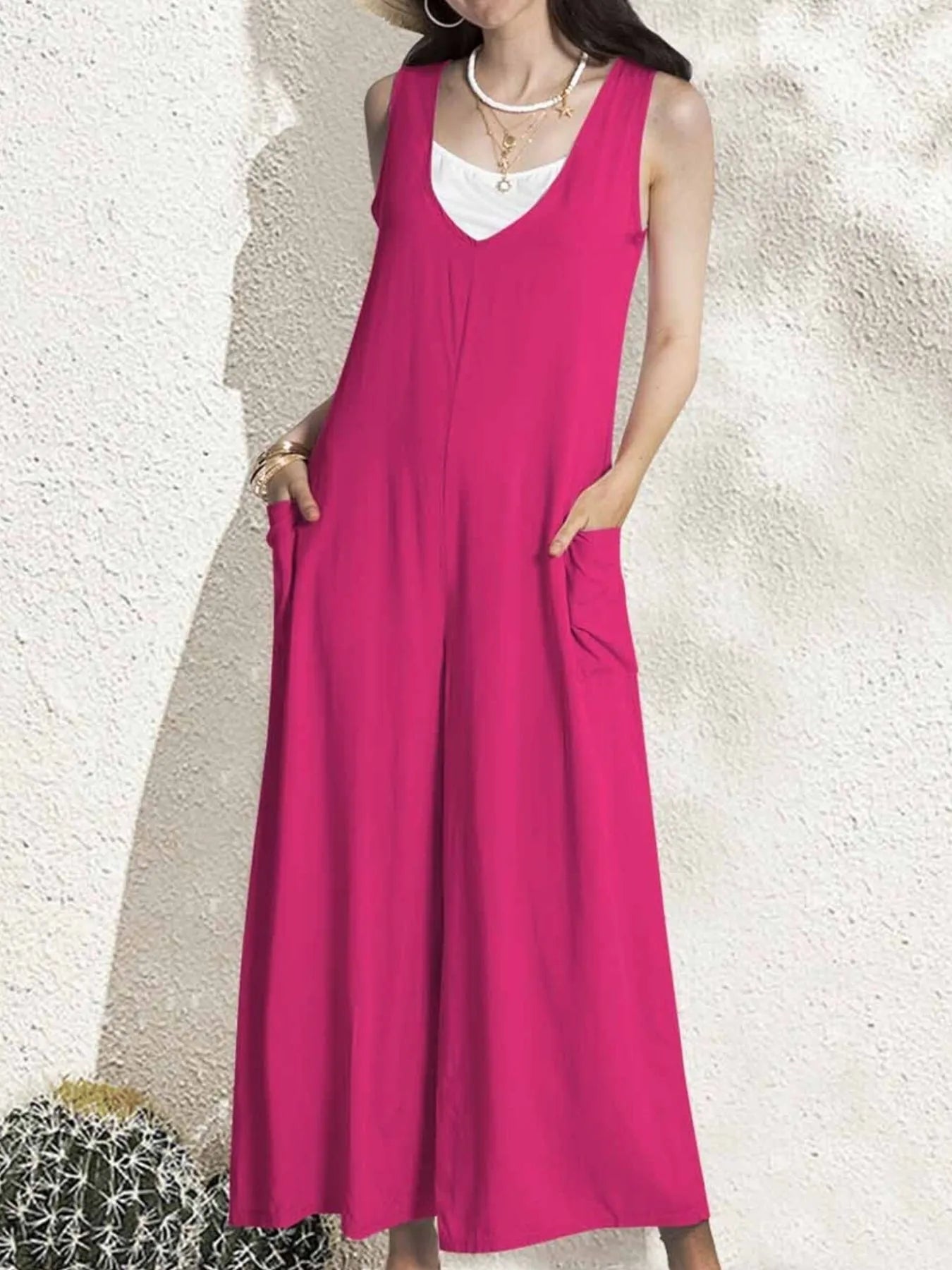 Jemma - Lässiger ärmelloser Jumpsuit mit V-Ausschnitt und weitem Bein