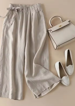 Verena - Khaki Schleife Elastisch Hohe Taille Gerade Hose