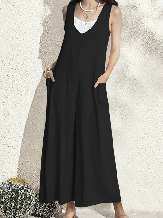 Jemma - Lässiger ärmelloser Jumpsuit mit V-Ausschnitt und weitem Bein